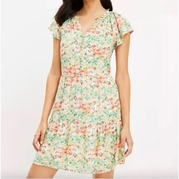 LOFT Buttercup Floral Tiered Swing Dress Flutter Sleeves Medium - Picture 1 of 9